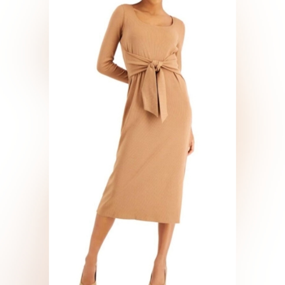 NWT Bar III Ribbed Knit Midi Dress, attached Sash/Belt Stretchy Camel Sz:XS, NWT